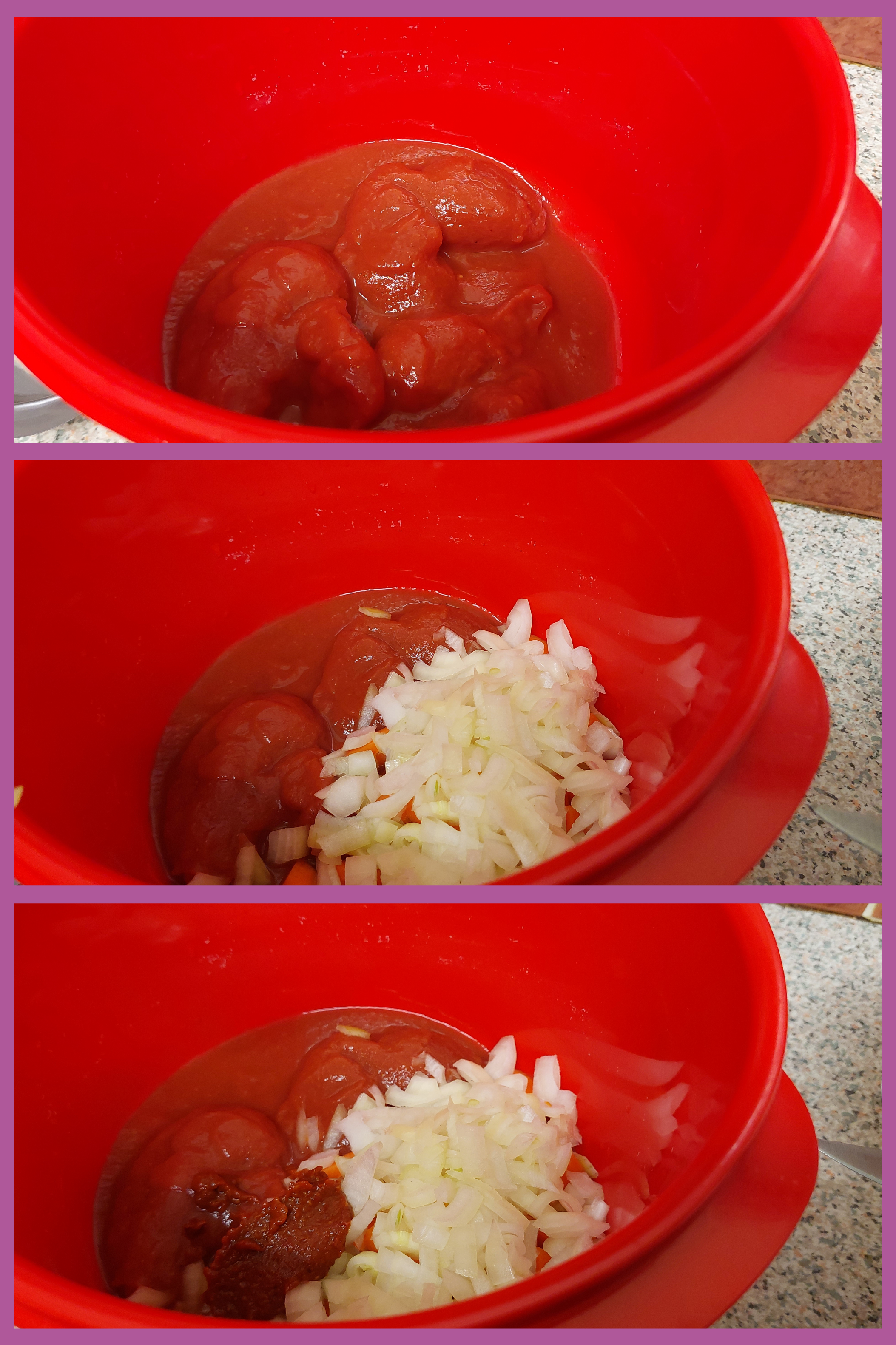 Adding, tinned tomatoes, chopped onions, carrots and harissa to a microwave dish